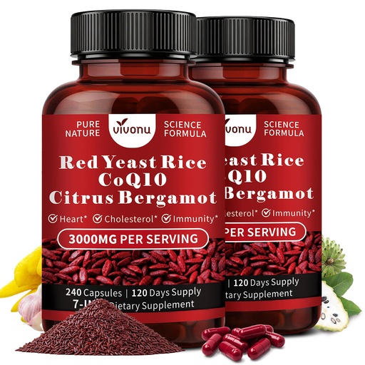 [BRSRGCTYCIJQ4EQ6] VivoNu Red Yeast Rice with CoQ10, Citrus Bergamot Supplements* | 3000mg Red Yeast Rice, Citrus Bergamot, CoQ10 (2 Bottle | 480Capsules)