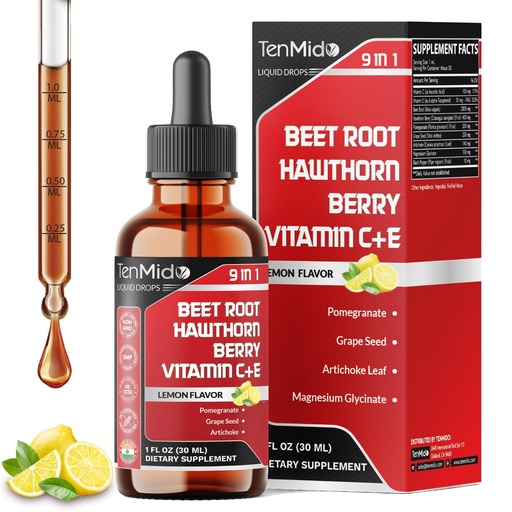 [BRSREGAQOUPAM2DB] 9in1 Beet Root Extract Liquid Drops with Vitamin C, Vitamin E, Hawthorn Berry, Pomegranate, Grape Seed, Artichoke, Magnesium Glycinate, and Black Pepper - 30ml 1 Fl Oz