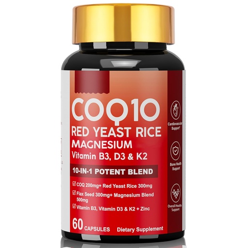 [BRSRGCT7DJYGCCL6] CoQ10 Supplement with Vitamin D3, K2, B3, Zinc, Magnesium Blend, Flax Seed Extract, Red Yeast Rice Extract & Black Pepper Supports Heart Health Energy & Brain Healthy Dietary Supplement