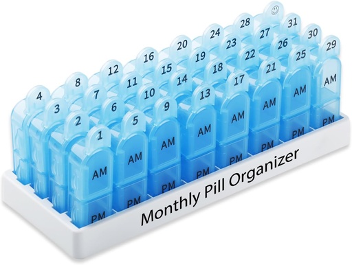 [BRSRMCABBAMB4DTU] Daviky Monthly Pill Organizer 2 Times a Day, 30 Day Pill Box AM PM with Separate Container, One Month Medicine Case Twice a Day to Hold Vitamins, Supplements and Medication (Blue)