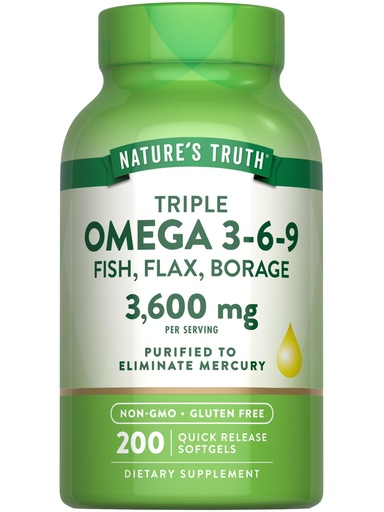 [BRSWGY3QCF5BAFDO] Nature's Truth Triple Omega 3 6 9 | 3600mg | 200 Softgels | Fish, Flax and Borage Oils | Non-GMO & Gluten Free Supplement
