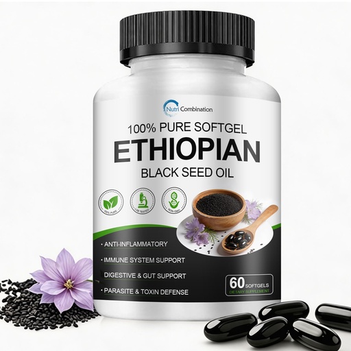 [BRSRGBQYO4NWOEL3] Ethiopian Black Seed Oil Capsules with 4.64% Thymoquinone, Immune Support & Digestion & Energy Booster, Gluten-Free, Non-GMO, 60 Softgels