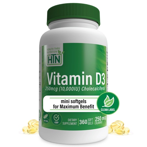 [BRSWKFIABINQOH32] Health Thru Nutrition Vitamin D3 10,000iu 360 Mini Softgels for Maximum Benefit Year Supply | 250mcg Cholecalciferol | 3rd Party Tested | Non-GMO USP Grade in Organic EVOO | Immune Health Support