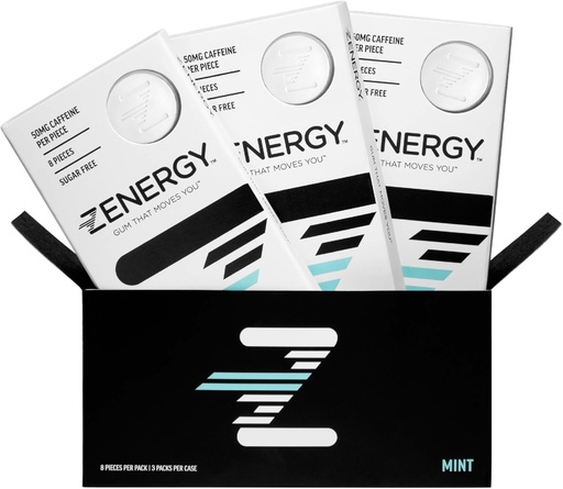 [BRSWYZY2O4MQA33V] ZENERGY Energy Gum - Mint Flavor | 50mg Caffeine + 35% B6 and 45% B12 Vitamin | Vegan, 0 Sugar, 0 Calories, 0 Gluten, 0 Aspartame, Non-GMO, Instant Action | 3 Pack = 24 Count
