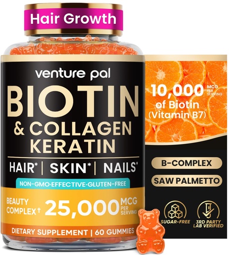 [BRSRAGA3AR7BG3LP] Venture Pal Biotin Gummies with Collagen & Keratin - Hair Growth Support Skin and Nail Strength Vitamins for Women & Men - Biotin 10000mcg | B-Complex | Saw Palmetto - Sugar Free, Non-GMO, 60ct