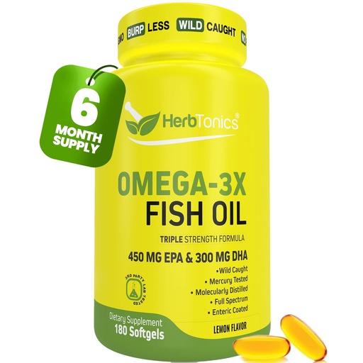 [BRSWGGIHAFYGCH34] Herbtonics Omega 3 Fish Oil 1250mg - High EPA 450mg + DHA 300mg for Heart & Brain Health | Triple Strength, Burpless Lemon Flavor, Wild Caught | 180 Softgels (Up to 6 Month Supply)
