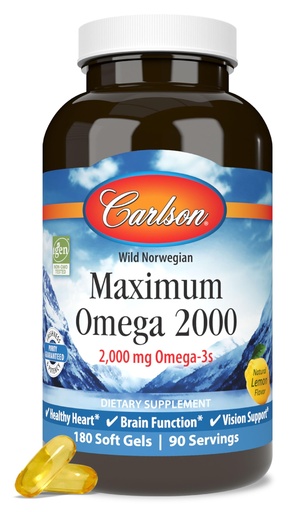 [BRSWECQ5O54GYCAU] Carlson - Maximum Omega 2000, 2000 mg Omega-3 Fatty Acids Including EPA and DHA, Wild-Caught, Norwegian Fish Oil Supplement, Sustainably Sourced Fish Oil Capsules, Lemon, 180 Softgels