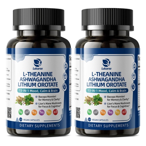 [BRSREBA7BMIQM23L] Total Mood and Brain Supplement with Lithium Orotate, Ashwagandha, L-Theanine, Bacopa and Lion’s Mane - Trace Mineral and Multivitamin for Calm Focus, Memory, Cognitive & Energy, 120 Capsules, 2 Month