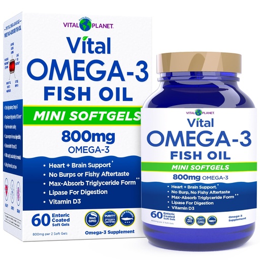 [BRSRAAT2BYMRYAI4] Vital Planet - Vital Omega 3 Fish Oil Mini Softgels Supplement with 800mg of High Potency Wild Caught Omega 3 Fatty Acid Supplements EPA DHA and DPA for Heart Health 60 Softgels (Packaging May Vary)