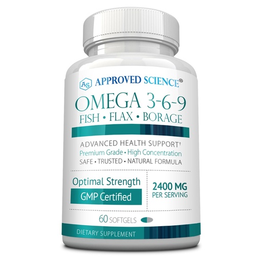 [BRSREGQCBYBRQGT3] Approved Science Omega 3-6-9-2400mg Daily Blend of Fish, Flaxseed, and Borage Oils with Vitamin E - Wellness Support - Non-GMO, Mercury-Free - 60 Softgels - 1 Month Supply