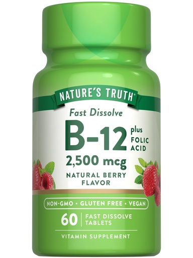 [BRSWGBICOQJWOCA3] Nature's Truth B12 Vitamin | 60 Fast Dissolve Tablets | 2500 mcg | with Folic Acid | Vegan, Non-GMO & Gluten Free