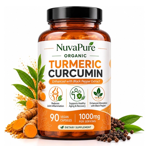 [BRSRYZQKAUFGGCIU] NuvaPure Turmeric Curcumin with Black Pepper – 1000mg Organic Turmeric Supplement, Joint Comfort Supports – 90 Vegan Capsules