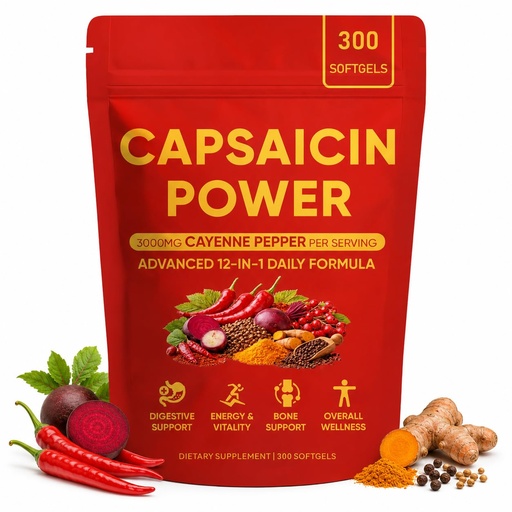 [BRSRYYY3BAAW2G3F] Capsaicin Power - Cayenne Pepper Softgels, Capsaicin Supplements with Vitamin D3 K2, Turmeric, Grape Seed & Beetroot, Supports Leg Vein, Digestive & Gut Health, 300 Capsules