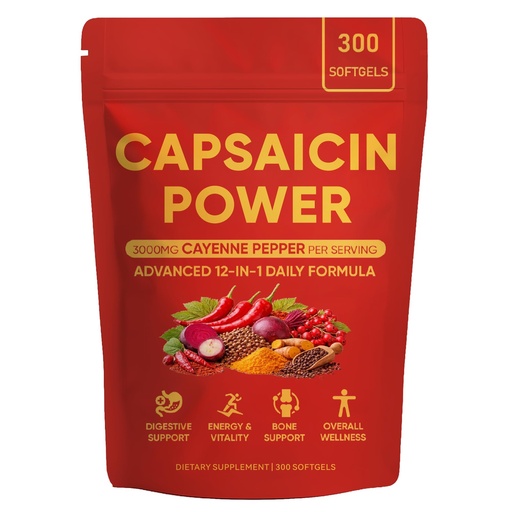 [BRSRGGA5OIIBQYA6] Capsaicin Power - Cayenne Pepper Softgels, Capsaicin Supplements with Vitamin E, D3 & K2, Grape Seed, Beetroot & Turmeric Extract, 300 Soft gels
