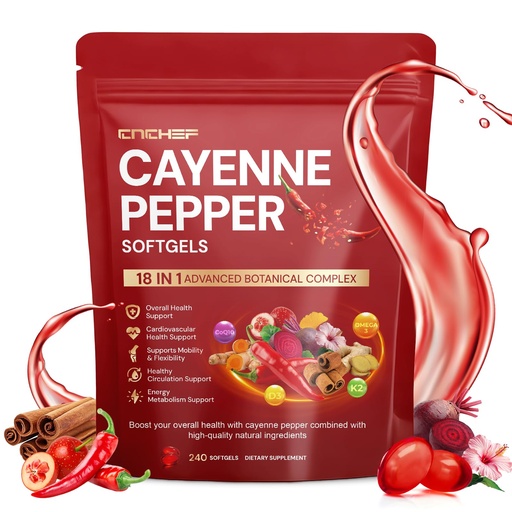 [BRSREHYRCAAWG2TZ] Cayenne Pepper Softgels Supplement, Cayenne Pepper Capsules with VitaminD3+K2,Berberine, CoQ10, Omega-3, Turmeric, Hawthorn, Beetroot, Supports Leg Vein, Digestive & Heart Vessel Health, 240 Softgels