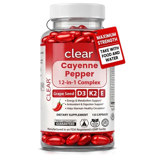 [BRSRGGT3AFYGMAI2] Cayenne Pepper Capsules with Vitamin D3, K2, E & Grape Seed -12-in-1 Capsaicin Supplements Supports Daily Circulation & Heart Wellness - Herbal Cayenne Pepper Supplements, 135 Softgels