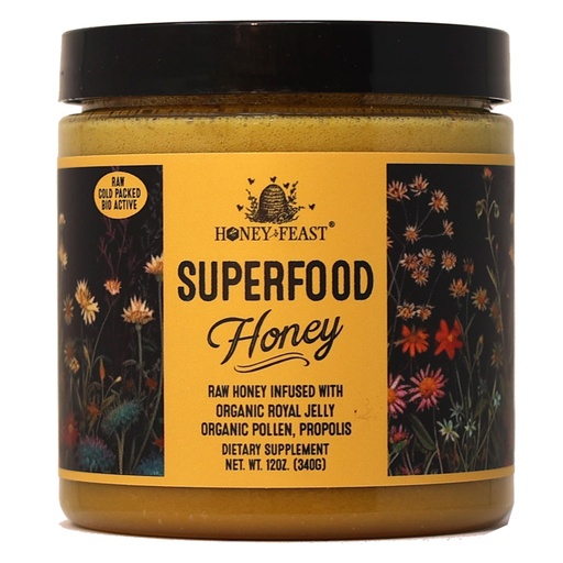 [BRSWGHYCCMBRUE37] HONEY FEAST 12 Ounce Flower Powered Raw Superfood Honey with Royal Jelly, Bee Pollen, Bee Propolis Cold packed and hand poured in Florida, USA