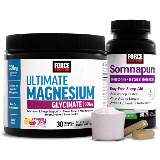 [BRSRGHTQBUAR63LZ] Bundle of Force Factor Somnapure Drug-Free Sleep Aid for Adults for with Melatonin & Valerian, 60 Tablets + Force Factor Ultimate Magnesium Glycinate Powder 300mg, Raspberry Lemon, 30 Servings