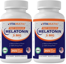 Vitamatic Melatonin 3mg Tablets | Vegetarian, Non-GMO, Gluten Free | 1 Year Supply | Natural Berry Flavor - 365 Tablets (Pack of 2)