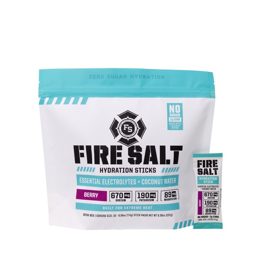 [BRSRAAYFCR7WE33A] Fire Science Fire Salt Hydration Sticks, Electrolytes & Coconut Water, Hydration Drink Mix with Magnesium, Potassium & Sodium, Zero Sugar, Single Serve On The Go Packs, Berry Flavor, 32 Count