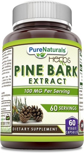 [BRSROHDYAV7RGFDL] Pure Naturals Pine Bark Extract Supplement | 100 Mg Per Serving | 60 Veggie Capsules | Non-GMO | Gluten Free | Made in USA