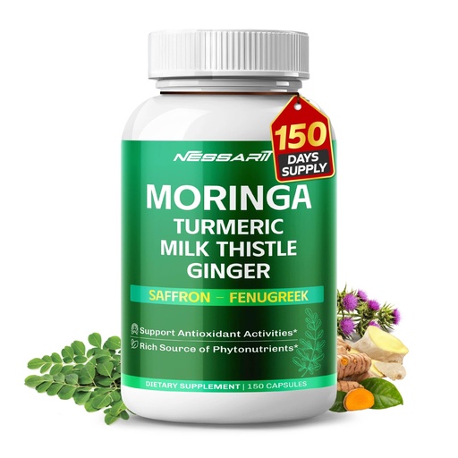 [BRSRAZYEBFYGECQ2] Moringa Supplement - 10-in-1 Natural Blend with Turmeric Milk Thistle Ginger Saffron Fenugreek Holy Basil Ceylon Cinnamon - 150 Count