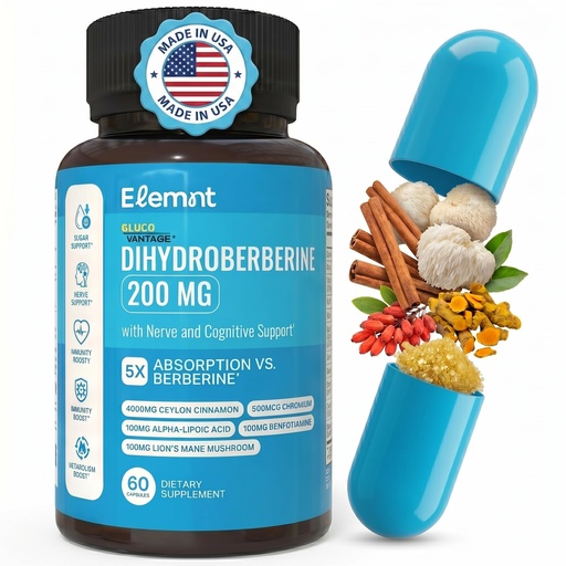 [BRSRABQNDEHRSAA2] ELEMNT Super Berberine 200mg Dihydroberberine (GlucoVantage®) with Ceylon Cinnamon, ALA, Benfotiamine, Lions Mane, Chromium, and Others for Immunity.