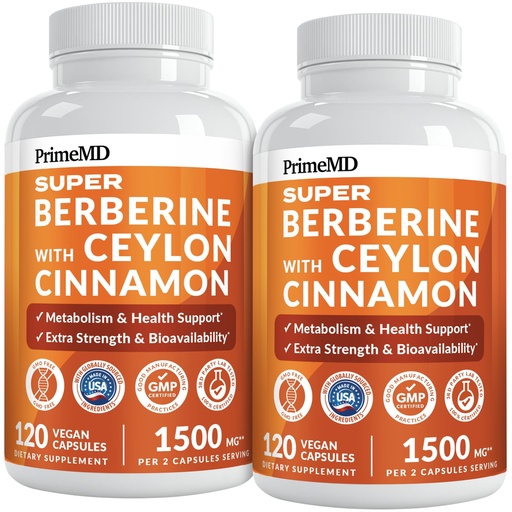 [BRSRACT6BACRGG3A] Super Berberine Supplement with Ceylon Cinnamon, BioPerine, Apple Cider, and Turmeric 1500mg - 8-in-1 Dihydroberberine Supplement for Overall Wellness and Balance Support (120 ct, Pack of 2)