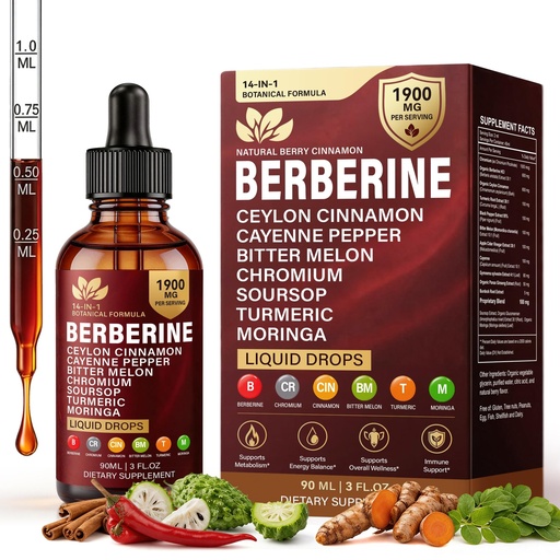 [BRSRGCAOCMMQY3L5] Berberine with Ceylon Cinnamon Supplement Liquid Drops, 1900mg 14-in-1 Herbal Complex with Turmeric, Bitter Melon, Panax Ginseng, Turmeric & Soursop, Metabolic & Immune Support for Men & Women, 90ml