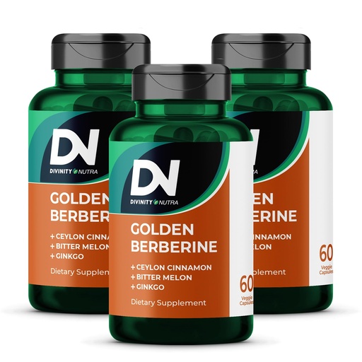 [BRSREYYPCMFAKYI7] Divinity Nutra Golden Berberine Supplement with Bitter Melon, Ginkgo Biloba and Ceylon Cinnamon, Vegan, Made in USA Berberine Capsules for Women and Men 3 Bottles, 60 Capsules Each