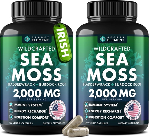 [BRSRAYYKBYCQG3DO] Sea Moss Capsules - Irish Sea Moss Advanced with Burdock Root, Bladderwrack & Muira Puama for Immunity, Gut, & Energy - Superfood Sea Moss Supplements w/Raw Sea Moss Powder (2 Pack)