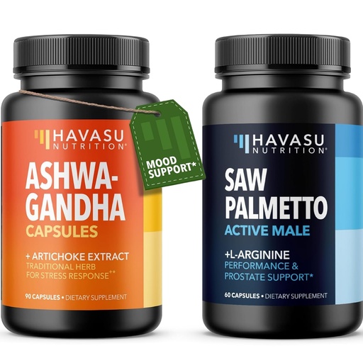 [BRSREYYHPIDQEAAV] HAVASU NUTRITION High Strength Ashwagandha Supplement Capsules (45 Servings) & Saw Palmetto 500mg L-Arginine 500mg Complex (30 Servings)