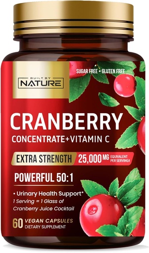 [BRSRAZIOOJ5G22A3] Built by Nature Cranberry Pills 25,000mg - Extra Strength 50:1 Concentrate Extract with Vitamin C - Urinary Tract Health Supplement for Women - Non-GMO, Sugar Free, Vegan - 60 Capsules