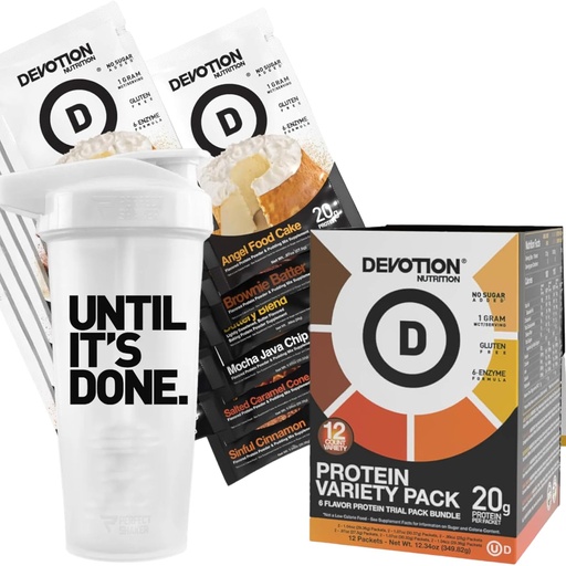 [BRSRGFAZBF4GKHLF] Devotion Nutrition Protein Powder Packets: Variety Pack with Shaker Bottle - 6 Flavors 12 Single Serve Packets - 20g Protein, No Added Sugar, Gluten-Free