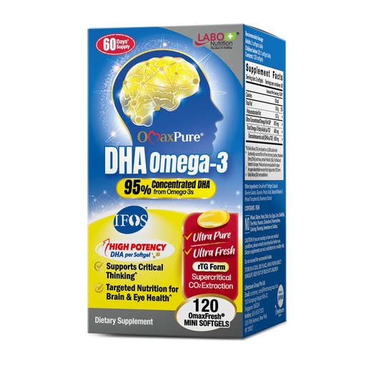 [BRSREBIBCNYRMHI7] LABO Nutrition OmaxPure DHA Omega 3 Fish Oil - IFOS Certified High Strength rTG Fatty Acids Supplement with EPA - Supports Brain Health, Visual Function & Maternal Wellness - 120 Mini Softgels