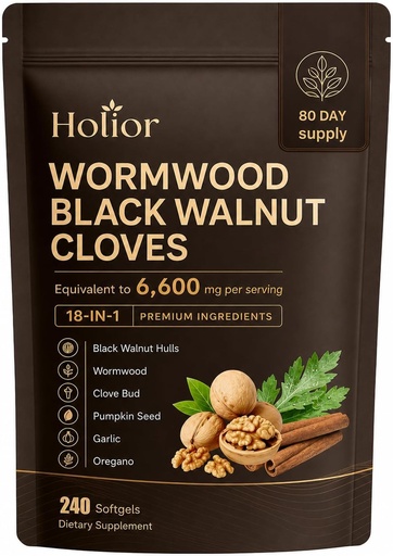 [BRSRYYICCR7R63D4] Holior Wormwood Black Walnut Cloves 18-in-1 Herbal Cleanse, 240 Count | Gut Health Support, Oregano, Garlic & Pumpkin Seed, Liposomal Herbal Softgels