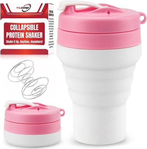 [BRSROBL3OAHGGYDV] Protein Shaker Bottle Pink Collapsible - Food-Grade, Leakproof Lid 600mL 20oz Pink Shaker - Reusable Silicone Shaker Cups for Protein Shakes