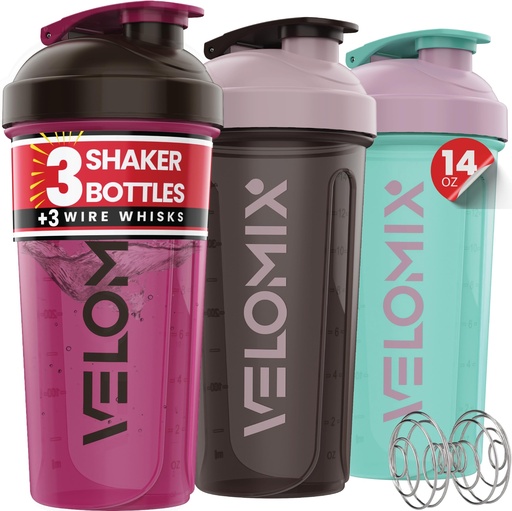 [BRSRGEL5BF4BOA35] VELOMIX -3 PACK- 14 oz Protein Shaker Bottle for Protein Mixes - 3x Wire Whisk | Leak Proof Shaker Cups for Protein Shakes | Stackable Protein Shaker Bottle Pack | Dishwasher Safe (Mixed Colors)