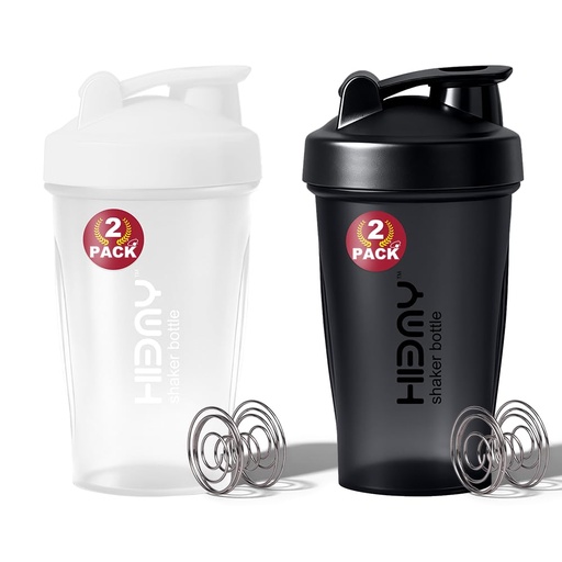 [BRSRECYHOIIAIYDD] [ 2 Pack 400 ml / 12 OZ Protein Shaker Bottles for Protein Mixes, 2 x Whisk Ball | Shaker Cups for Protein Shakes | BPA Free, 100% Leak Proof, No Smell | Small Shake Bottle (A) Black/White