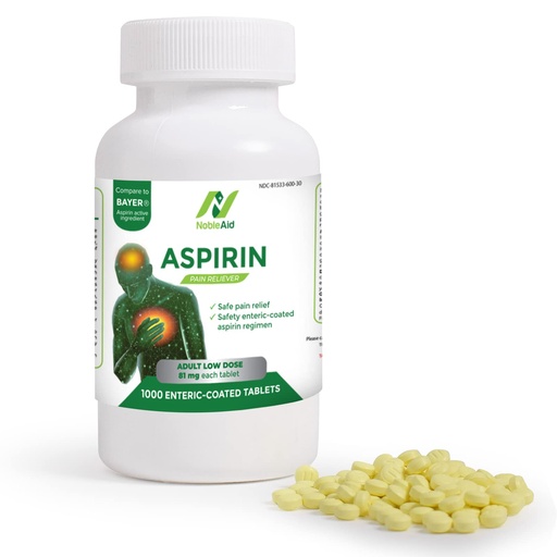 [BRSW2AYYCN4AID3A] Pure Low Dose Baby Aspirin 81mg for Adults, 1,000 Count Enteric Coated Aspirin Tablets for Men and Women, Safe Relief for Symtoms Associated with Headache, Arthritis, Cramps