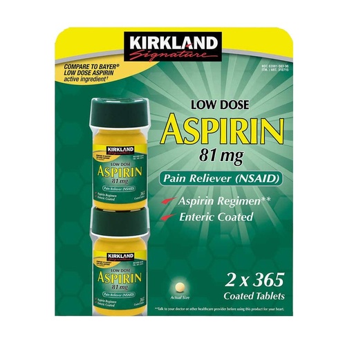 [BRSWIFICOIDQ4E3K] Kirkland Signature LOW Dose Aspirin 81mg Pain Reliever Aspirin Regimen Safety Coated Enteric - 2 Packs of 365 Coated Tablets (730 Tablets Total)