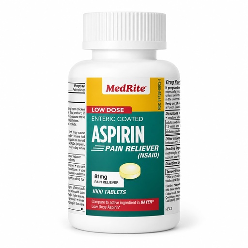 [BRSREHAKBN4BYFLJ] Low dose Baby Aspirin 81mg for Adults. (NSAID) | Made in USA | (Value Pack 1,000 Enteric Coated Tablets)