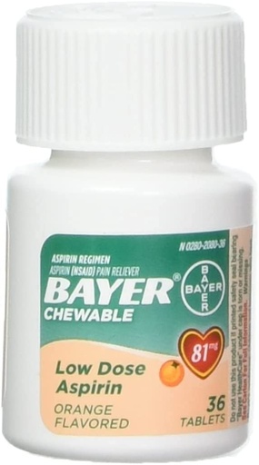 [BRSWKGYIBJ4G2HTA] Bayer Chewable Aspirin Orange, 81mg, 36 Tablets (Pack of 4)