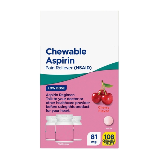 [BRSREFTRBYJQOH3P] SEDLAV Low Dose Aspirin Chewable Tablets, 81 mg, Cherry Flavor, 108 Count (3x36 Count), Compare to Chewable Aspirin Active Ingredient, Sticker
