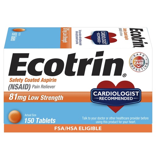 [BRSWIEYHB56GK33I] Ecotrin Safety Coated Aspirin Pain Reliever Tablets, Low Strength, NSAID 81mg, 150 ct (Pack of 1)