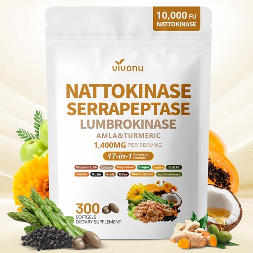[BRSRYYA7PINRQHQU] VivoNu Nattokinase 300 Softgels, 500mg(10,000 FU) Per Serving | 17-in-1 Organic Nattokinase Supplement with Serrapeptase*, Lumbrokinase*, CoQ10, AMLA & Turmeric | for Heart* Health | Non-GMO | 17-in-1 Organic Nattokinase Supplement with Serrapeptase*,Lumbrokinase*,CoQ10,AMLA&Turmeric|for Heart* Health|Non-GMO