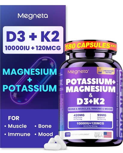[BRSREC32O4CBYFA3] Magnesium Glycinate Potassium with Vitamin D3 10000 IU K2 MK-7, High-Potency Synergistic Complex for Bone, Immune Health, Mood Balance & Energy Support, 180 Capsules