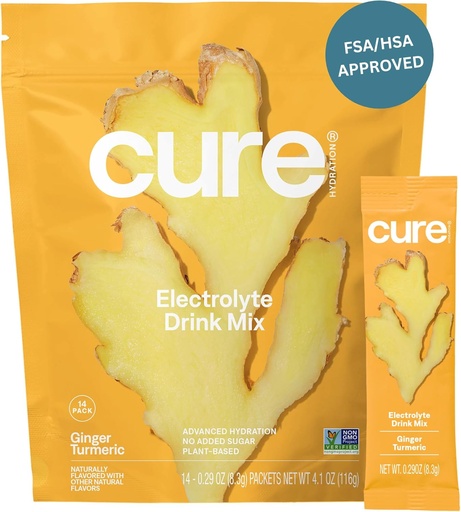 [BRSWGAA2O4IQIDTH] Cure Hydration | Plant-Based Electrolyte Drink Mix | No Added Sugar | FSA-HSA | Dehydration Relief Powder Made with Coconut Water | Non-GMO | Vegan | Pouch of 14 Packets - Ginger Turmeric