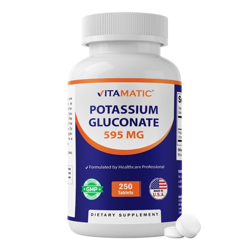 [BRSRGBQ3BYHW23Y2] Vitamatic Potassium Gluconate 595 mg – Supports Heart, Muscle & Electrolyte Balance – 250 Tablets – Non-GMO, Made in USA