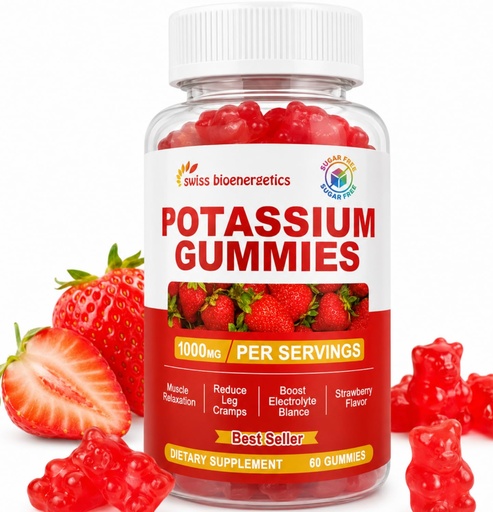 [BRSRGBANCQIWAE3G] Potassium Bicarbonate Gummies 1000mg, Sugar Free Potassium Gummies, Strawberry Flavor, Potassium Supplement for Men & Women, Vegan, Non-GMO, Gluten Free, Soy Free, 60 Count